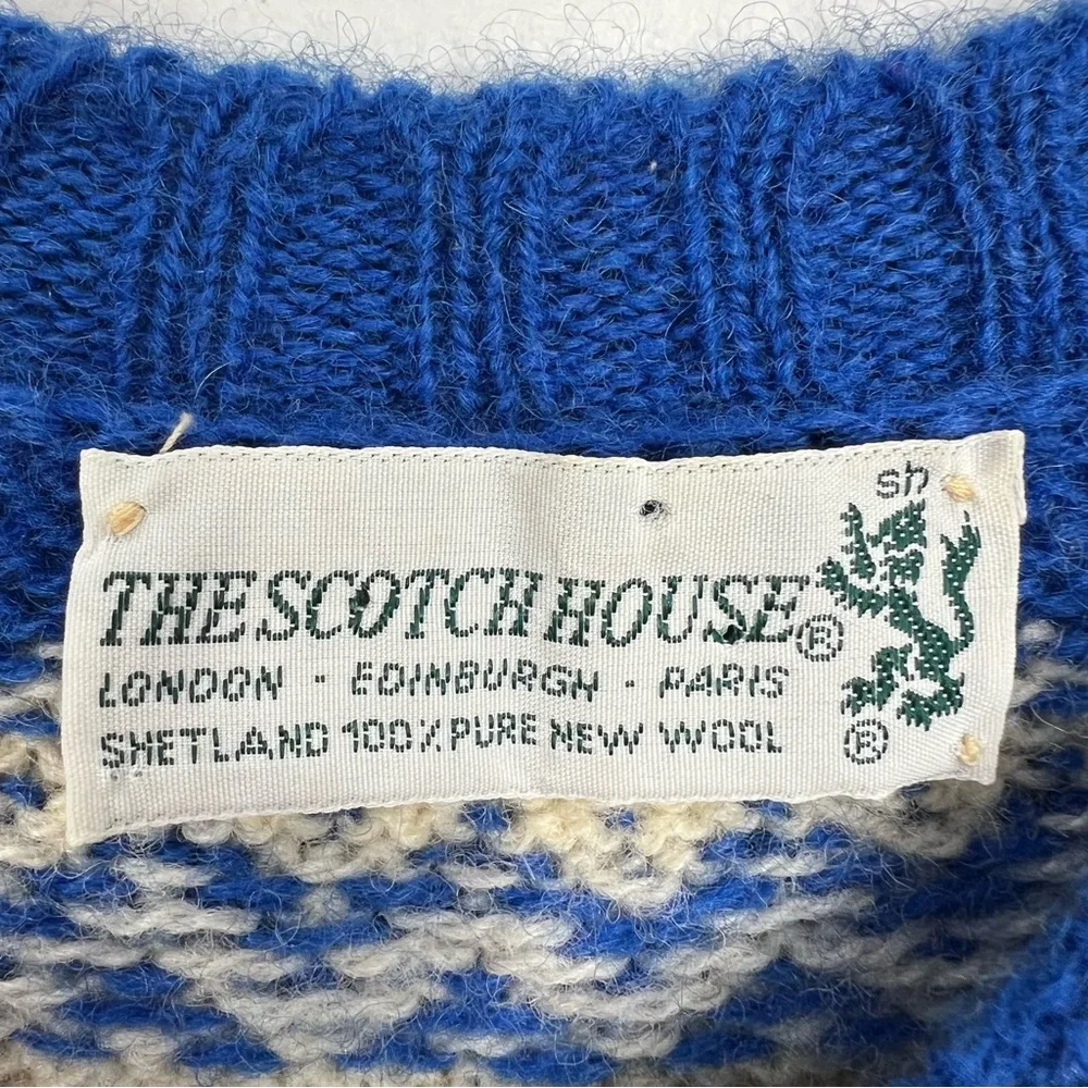 Vintage 70s 80s pure Shetland wool blue fair isle old money cardigan sweater - Picture 11 of 11